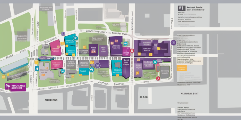 a city map highlighting inexpensive parking lots near Essence Fest venue, with dollar sign icons. Include visuals of budget-friendly parking meters and affordable parking garages.