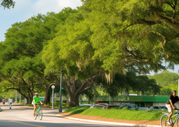 an image showcasing a cyclist cruising along bike trail lined with vibrant green trees, with the iconic Jazzfest stage in the distance.