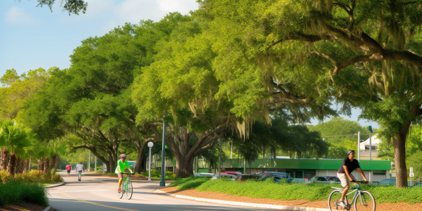  an image showcasing a cyclist cruising along bike trail lined with vibrant green trees, with the iconic Jazzfest stage in the distance.