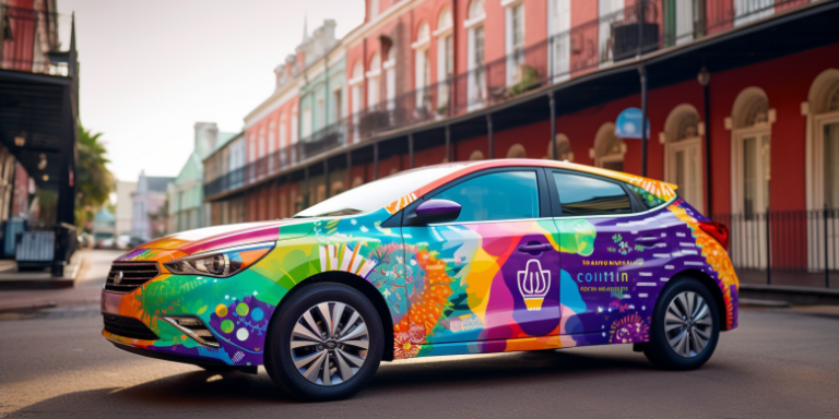 a sleek rental car cruising on New Orleans' vibrant streets with Essence Fest's colorful banners and jubilant crowds in the background, surrounded by price tags symbolizing rental rates.