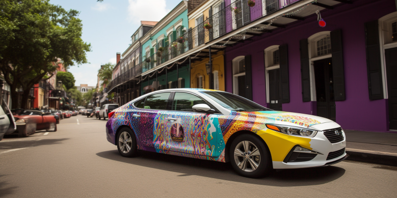  a sleek rental car cruising on New Orleans' vibrant streets with Essence Fest's colorful banners and jubilant crowds in the background, surrounded by price tags symbolizing rental rates.