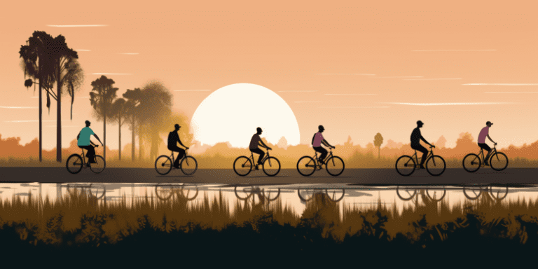 an image of a group of people riding e-bikes along a scenic route near Jazzfest.