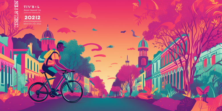 an image featuring a cyclist with a festival wristband, biking along a tree-lined path, with New Orleans' iconic French Quarter architecture and Essence Fest stages in the background.