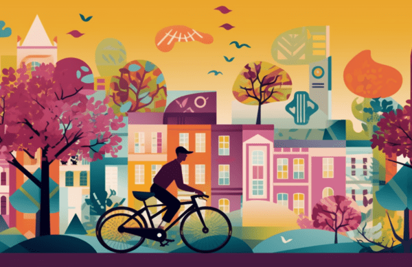an image featuring a cyclist with a festival wristband, biking along a tree-lined path, with New Orleans' iconic French Quarter architecture and Essence Fest stages in the background.