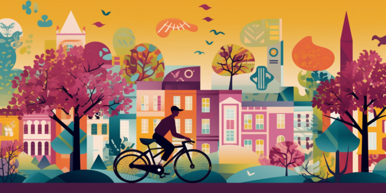 an image featuring a cyclist with a festival wristband, biking along a tree-lined path, with New Orleans' iconic French Quarter architecture and Essence Fest stages in the background.