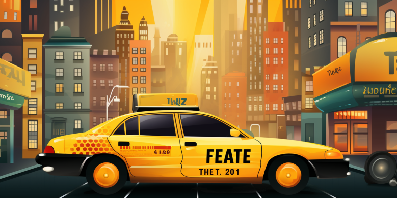 an image of a taxi meter with the fare amount displayed, and a jazz fest poster in the background. The meter should be illuminated and the poster should be vibrant and colorful.