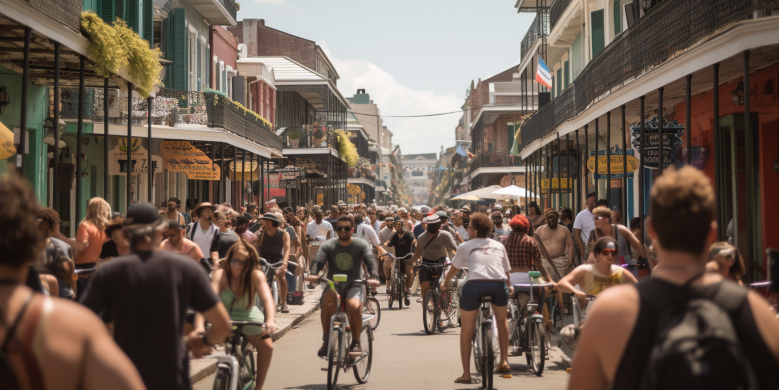 a bicyclist navigating French Quarter's bustling streets during Essence Fest, with iconic jazz musicians, vibrant food stalls, and bike rental signs, encapsulating the essence of exploring New Orleans.
