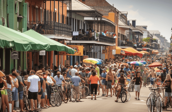 a bicyclist navigating French Quarter's bustling streets during Essence Fest, with iconic jazz musicians, vibrant food stalls, and bike rental signs, encapsulating the essence of exploring New Orleans.