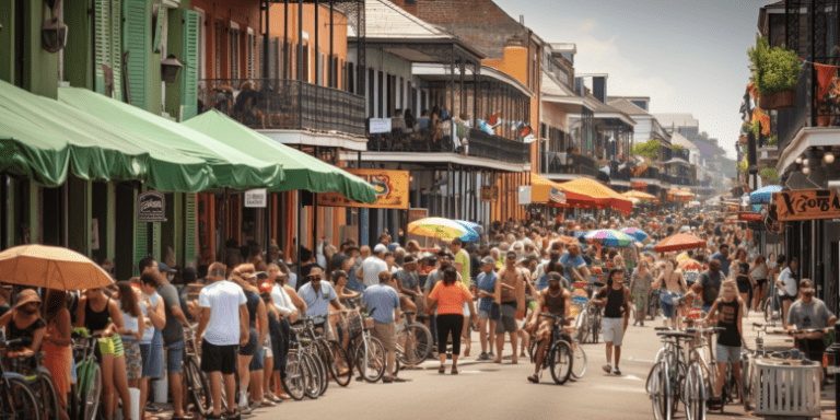 a bicyclist navigating French Quarter's bustling streets during Essence Fest, with iconic jazz musicians, vibrant food stalls, and bike rental signs, encapsulating the essence of exploring New Orleans.