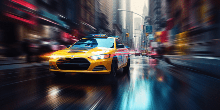 an image that showcases a sleek and speedy taxi racing down a city street, surrounded by a blur of colorful buildings.