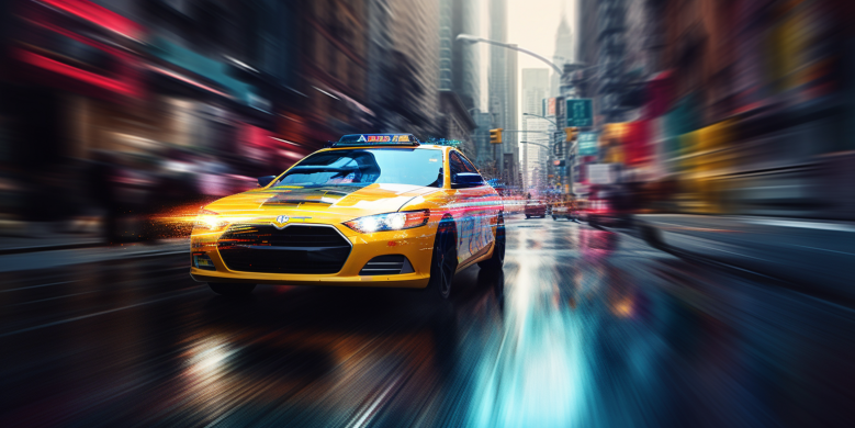  an image that showcases a sleek and speedy taxi racing down a city street, surrounded by a blur of colorful buildings.