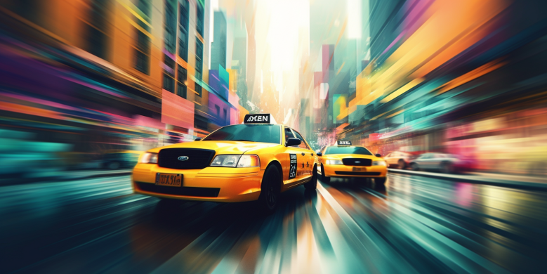  an image that showcases a sleek and speedy taxi racing down a city street, surrounded by a blur of colorful buildings.