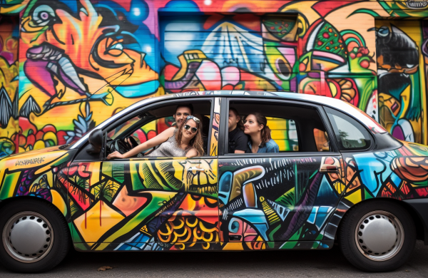 an image of a happy couple comfortably sitting in a jazz-themed taxi, surrounded by colorful street art and the lively atmosphere of Jazzfest, conveying the ease and joy of taking a flat rate taxi to the festival.