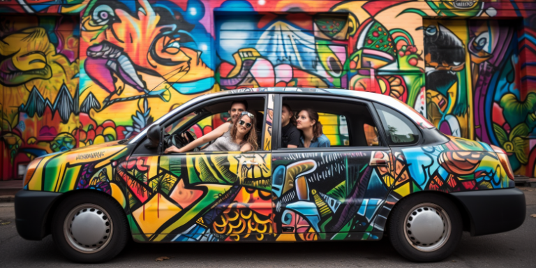an image of a happy couple comfortably sitting in a jazz-themed taxi, surrounded by colorful street art and the lively atmosphere of Jazzfest, conveying the ease and joy of taking a flat rate taxi to the festival.