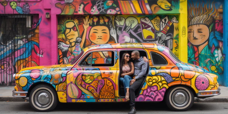 an image of a happy couple comfortably sitting in a jazz-themed taxi, surrounded by colorful street art and the lively atmosphere of Jazzfest, conveying the ease and joy of taking a flat rate taxi to the festival.