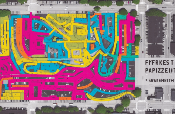 an image of a map with colorful markers indicating the best parking spots near the Jazzfest festival. The markers could be in the shape of musical notes or instruments.
