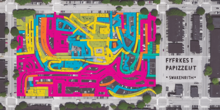 an image of a map with colorful markers indicating the best parking spots near the Jazzfest festival. The markers could be in the shape of musical notes or instruments.