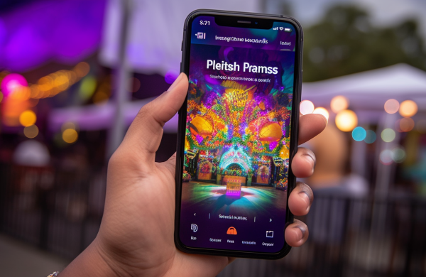 a hand holding a smartphone displaying the New Orleans Parking App, with Essence Fest in the background featuring colorful music performances and vibrant crowds.