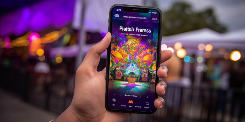 a hand holding a smartphone displaying the New Orleans Parking App, with Essence Fest in the background featuring colorful music performances and vibrant crowds.