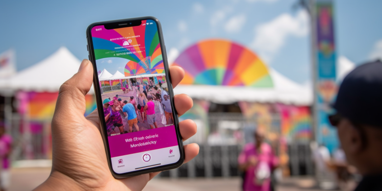 a hand holding a smartphone displaying the New Orleans Parking App, with Essence Fest in the background featuring colorful music performances and vibrant crowds.