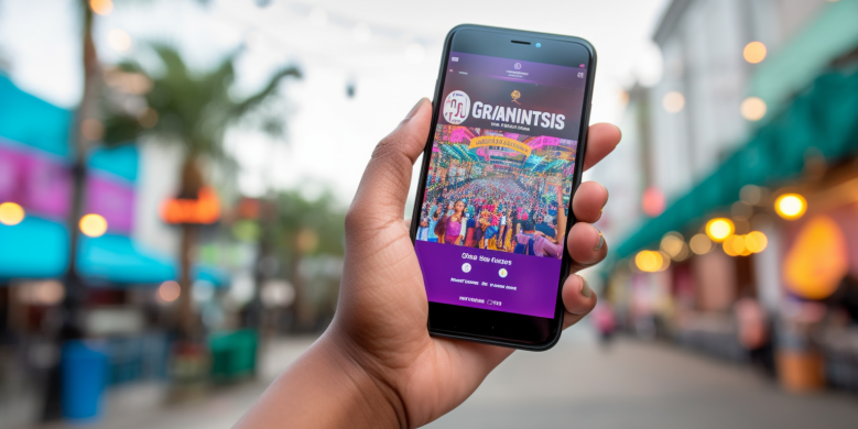 a hand holding a smartphone displaying the New Orleans Parking App, with Essence Fest in the background featuring colorful music performances and vibrant crowds.
