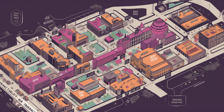 an illustration of a detailed New Orleans city map highlighting parking garages around the venue of Essence Fest.