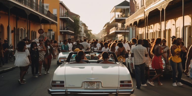 a group of friends joyously driving a rental car, with Essence Fest flyers on the seats, through the vibrant, jazz-filled streets of New Orleans during sunset.