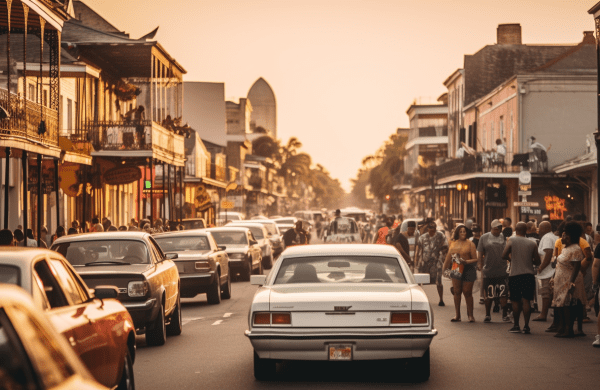 a group of friends joyously driving a rental car, with Essence Fest flyers on the seats, through the vibrant, jazz-filled streets of New Orleans during sunset.