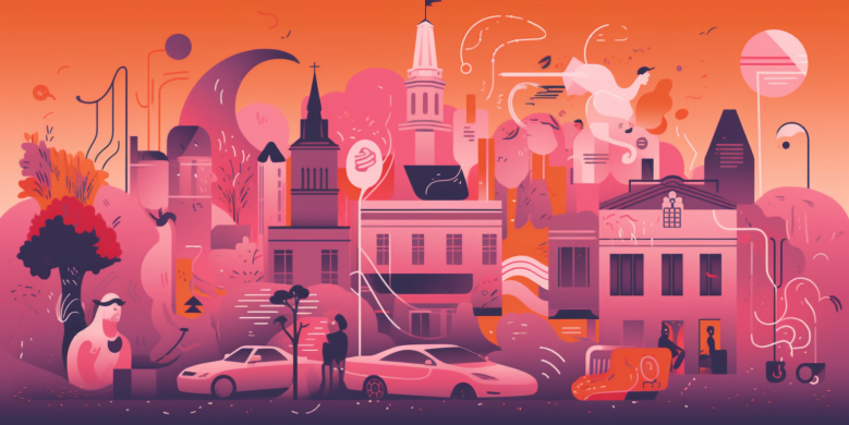 an image showing Uber and Lyft icons, on a backdrop of New Orleans landmarks with jubilant festival-goers enjoying music and food.