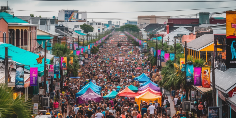 an image featuring a bustling New Orleans street, with designated RV and motorcycle parking areas, all under the vibrant energy of Essence Fest.