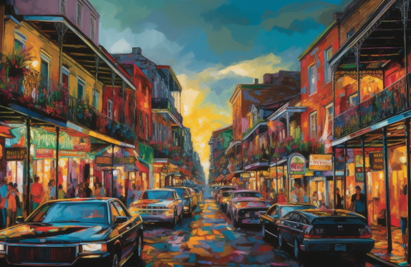 an image featuring a bustling New Orleans street, with designated RV and motorcycle parking areas, all under the vibrant energy of Essence Fest.