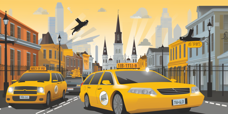 a yellow taxi cab and a rideshare car against the backdrop of New Orleans' iconic French Quarter, with money symbols hovering over them.