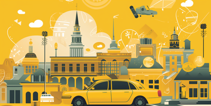 a yellow taxi cab and a rideshare car against the backdrop of New Orleans' iconic French Quarter, with money symbols hovering over them.