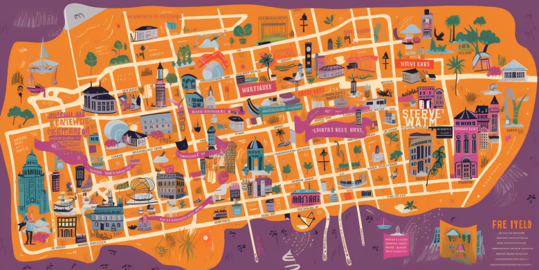 a detailed map of New Orleans with highlighted bus and streetcar routes, colorful crowd at Essence Fest, and iconic landmarks like the French Quarter and Superdome.