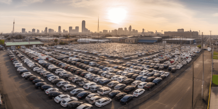 a panoramic view of a large, secure parking lot filled with cars in the heart of New Orleans, with iconic city landmarks subtly visible in the background.