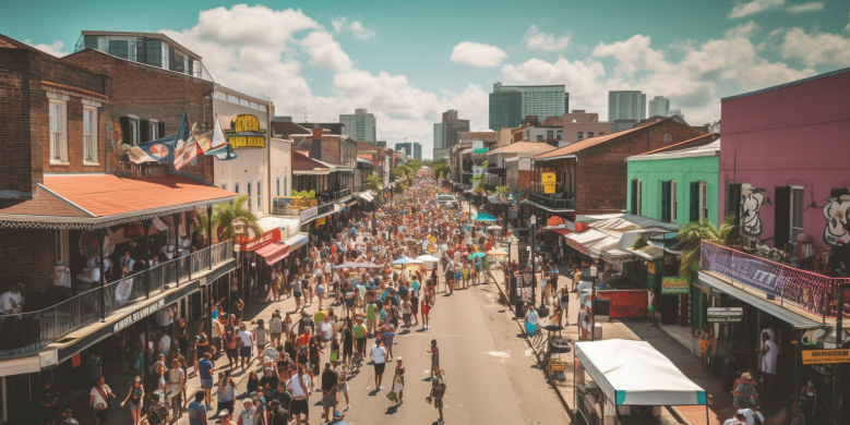 a bustling Essence Fest in New Orleans with crowded streets, highlighted parking areas, iconic landmarks, and a path indicating smooth parking access.
