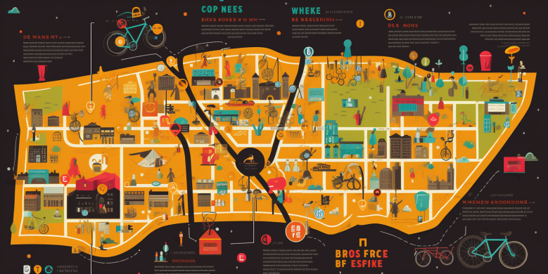 a graphic map with Essence Fest location marked, surrounded by bike icons, representing bike lockers. Use bright, festive colors that reflect the event's energy.
