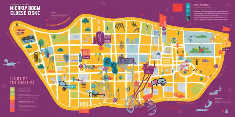 a graphic map with Essence Fest location marked, surrounded by bike icons, representing bike lockers. Use bright, festive colors that reflect the event's energy.