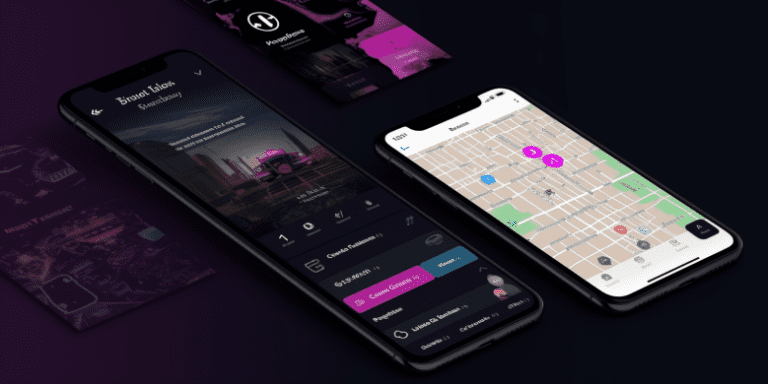 a smartphone displaying Uber and Lyft apps and uber car, Essence Fest tickets, a map of New Orleans, iconic city landmarks and a step-by-step numbered pathway connecting them.