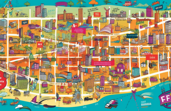 a vibrant image featuring a colorful city map, marked with public transportation routes, iconic Essence Fest symbols, and a bustling crowd of festival-goers.