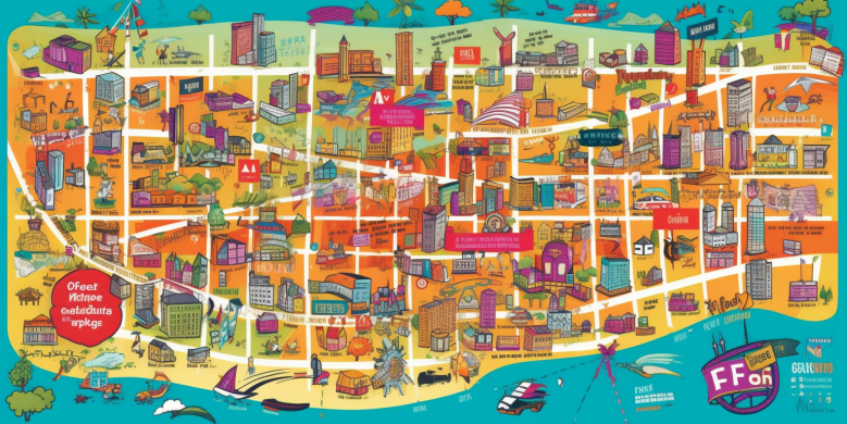  a vibrant image featuring a colorful city map, marked with public transportation routes, iconic Essence Fest symbols, and a bustling crowd of festival-goers.