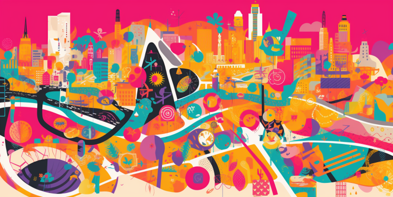  a vibrant image featuring a colorful city map, marked with public transportation routes, iconic Essence Fest symbols, and a bustling crowd of festival-goers.