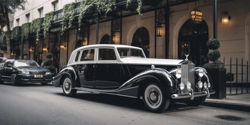 a vintage Rolls-Royce driving along the picturesque streets of New Orleans ensures a safe and reliable journey for the newlyweds