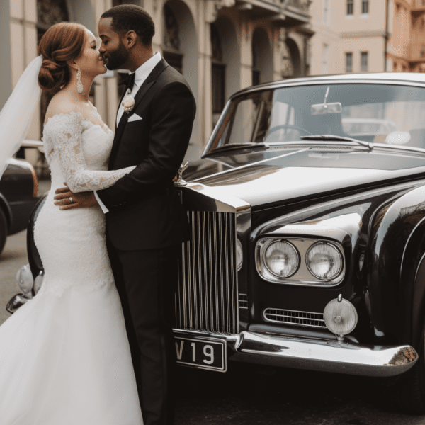 a wedding couple in front of a vintage Rolls-Royce in the streets of New Orleans