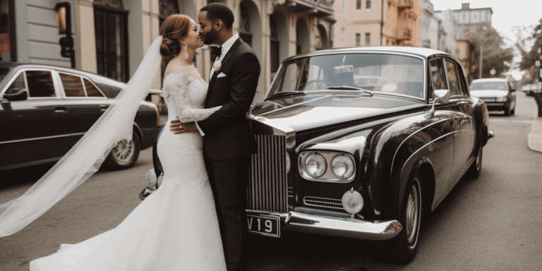 a wedding couple in front of a vintage Rolls-Royce in the streets of New Orleans