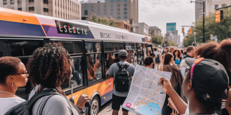 a diverse crowd boarding a city bus, with Essence fest posters, the city skyline in the background, and a map with public transport routes highlighted in hand