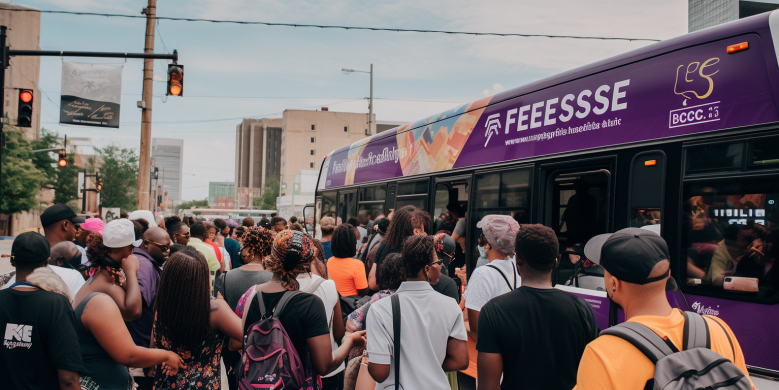 a diverse crowd boarding a city bus, with Essence fest posters, the city skyline in the background, and a map with public transport routes highlighted in hand