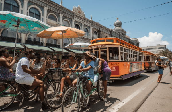 a vibrant, packed New Orleans streetcar, a river ferry, and a bike-share station, with Essence Fest revelers in colorful outfits, against a backdrop of famous New Orleans landmarks
