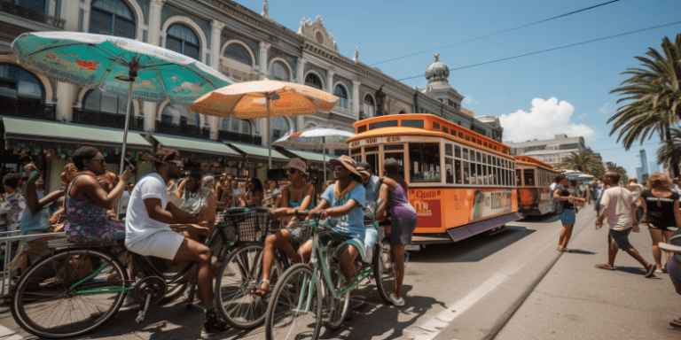 a vibrant, packed New Orleans streetcar, a river ferry, and a bike-share station, with Essence Fest revelers in colorful outfits, against a backdrop of famous New Orleans landmarks
