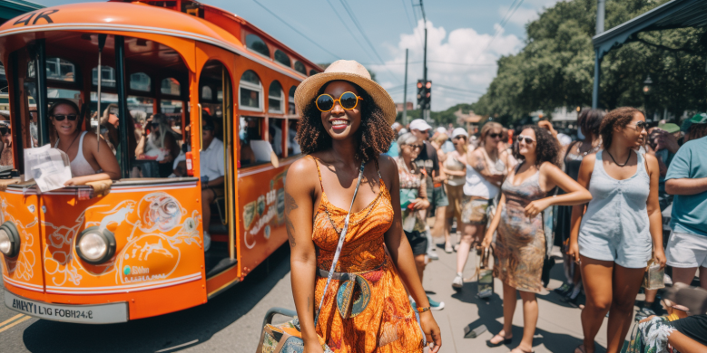  a vibrant, packed New Orleans streetcar, a river ferry, and a bike-share station, with Essence Fest revelers in colorful outfits, against a backdrop of famous New Orleans landmarks